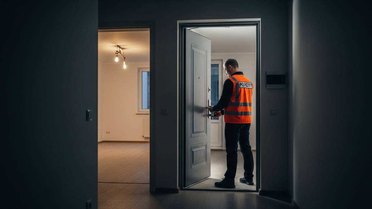 Installateur verrouille une porte blindée dans un appartement vide, ambiance sécurisante.