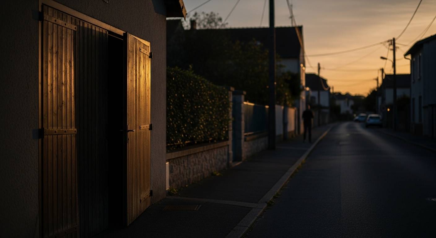 Porte de garage entrouverte au crépuscule avec silhouette d'intrus floue