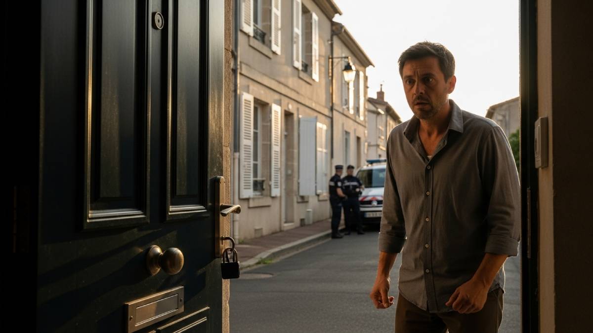 Propriétaire choqué devant maison squattée avec policiers en arrière-plan