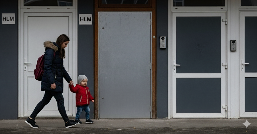 Mère et enfant devant un HLM, avec porte anti-squat en acier bien visible.
