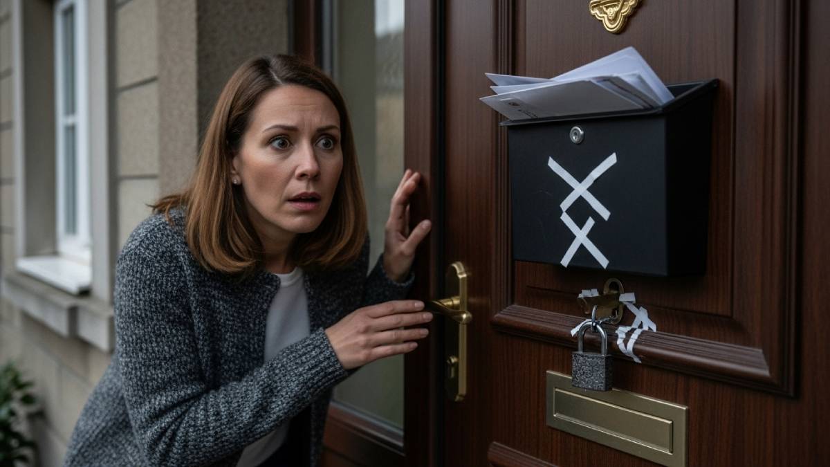Femme choquée devant porte forcée et boîte aux lettres pleine, signes de tentative de squat