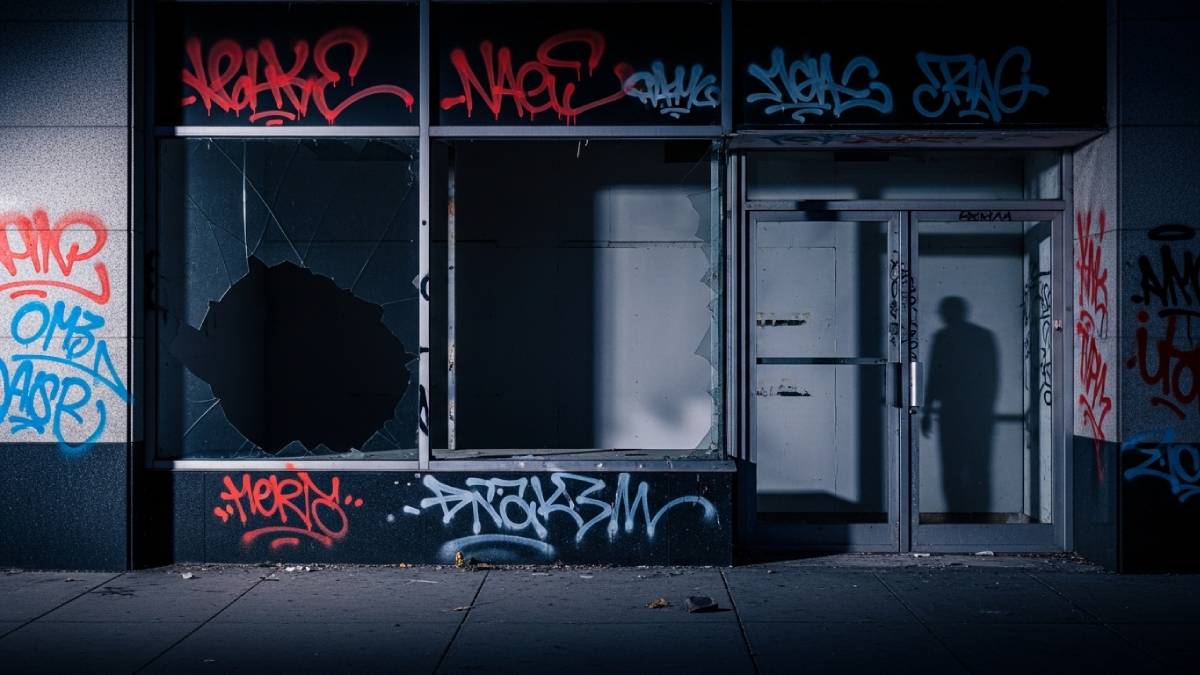Vitrine vandalisée d’un commerce vide avec silhouette d’intrus floue à l’intérieur.