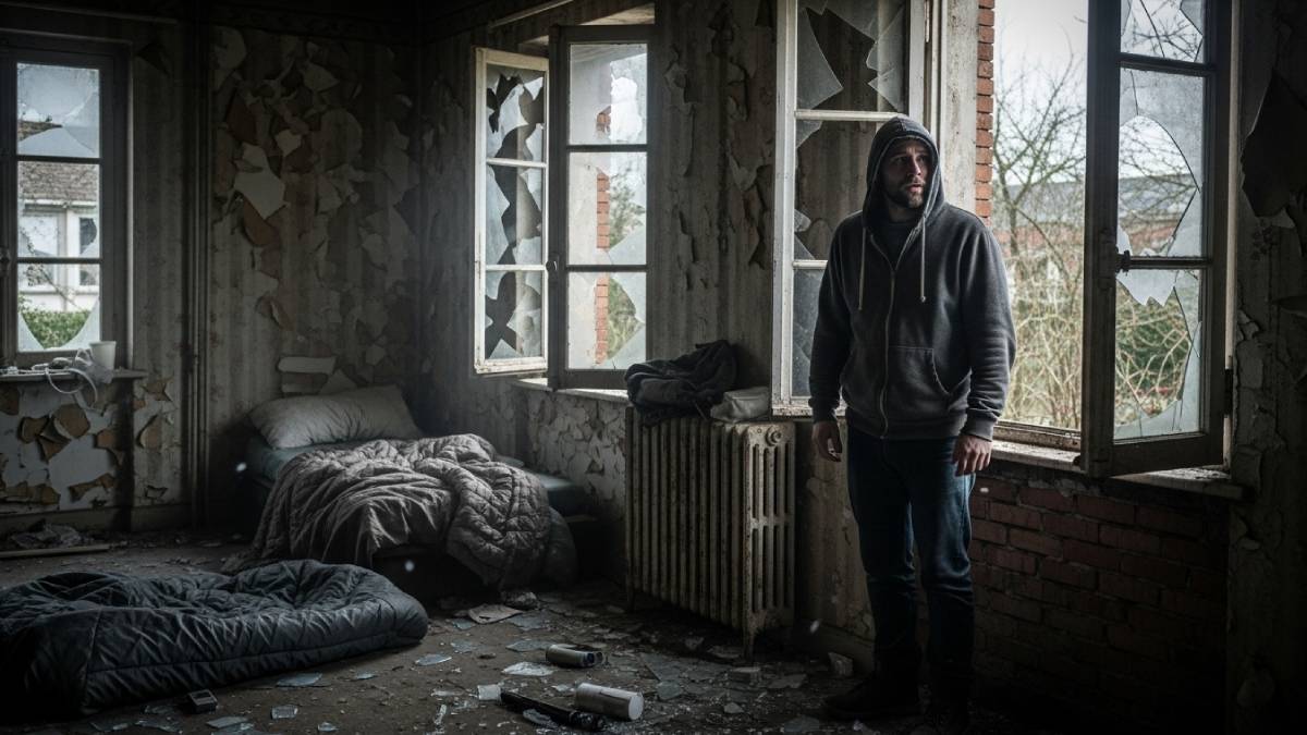 Squatteur dans maison abandonnée en hiver, intérieur sombre et précaire