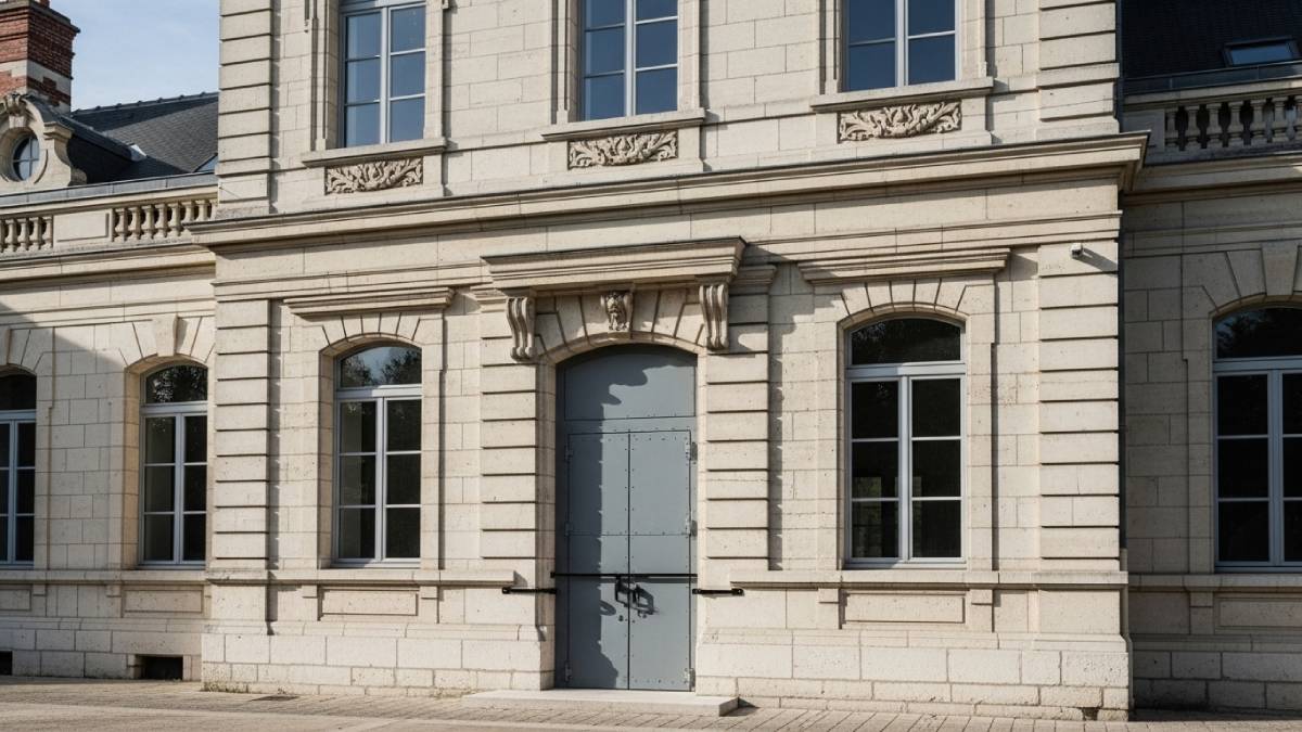 Porte anti-intrusion installée sur un bâtiment public vacant pour prévenir le squat et les dégradations.