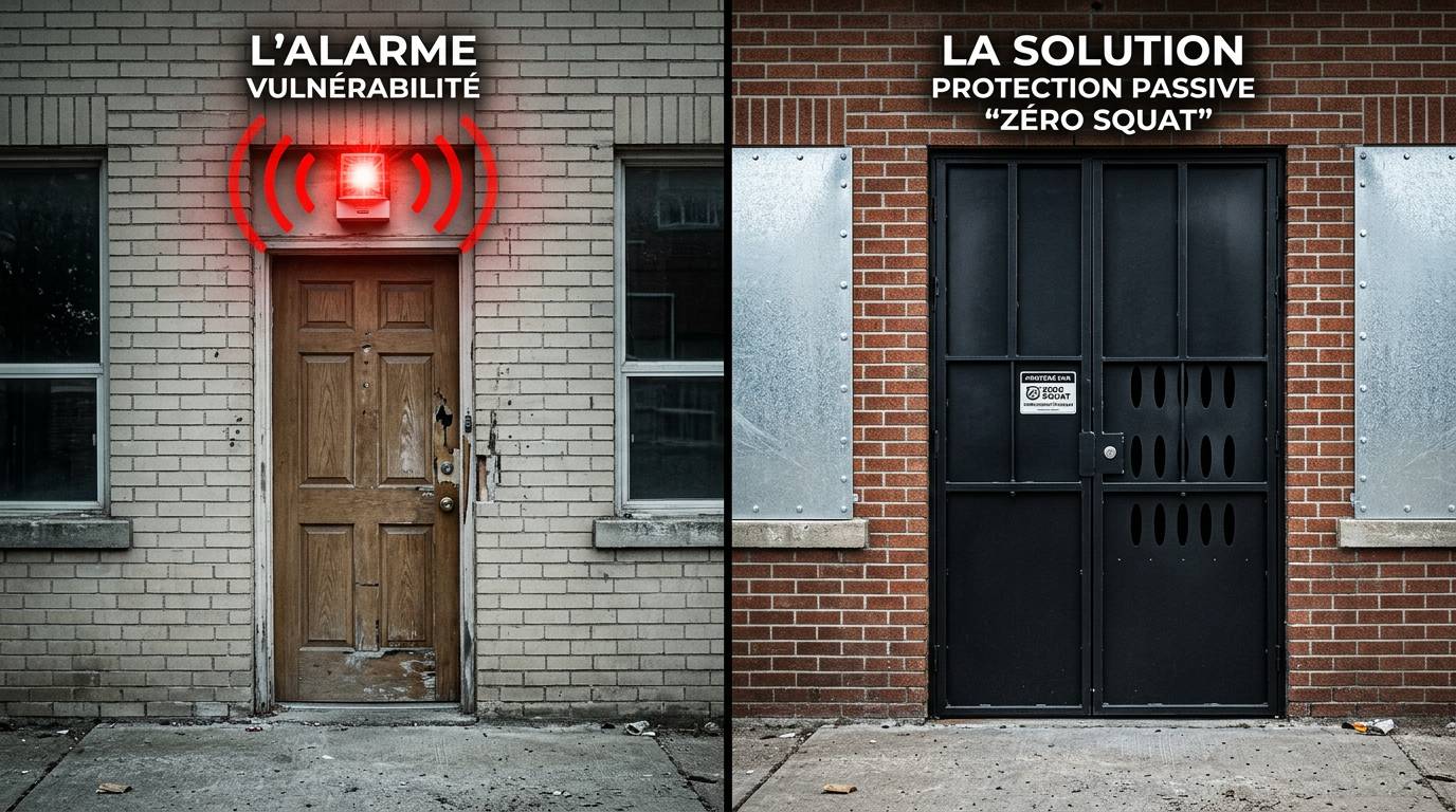 Comparaison visuelle de la sécurité d'un bâtiment vacant : à gauche, une alarme clignotante inefficace sur une porte vulnérable ; à droite, une protection physique totale avec porte blindée en acier anti-squat.